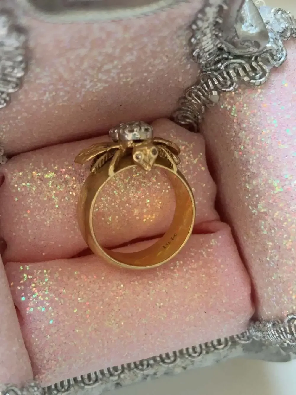 Large Vintage 14K Gold Diamond Bee Statement Ring with Diamond eyes wide band Be